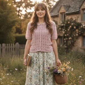 Vintage Feminine Cottagecore Fairy Sz M Beaded Lavender Short-Sleeve Sweater